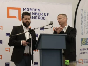 From left: Stéphane Warnock, incoming president of Morden Chamber of Commerce, and outgoing president Tyler Schroeder.